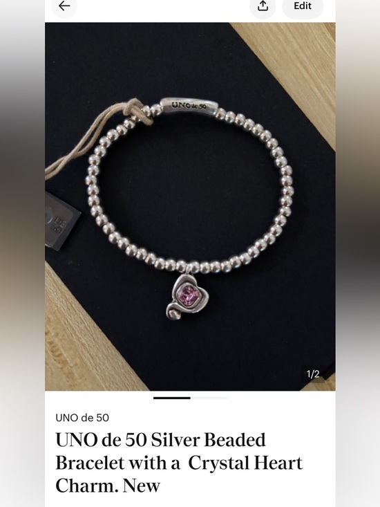 UNO de 50 Jewelry - UNO de 50 Silver Beaded Bracelet with a Crystal Heart Charm. New